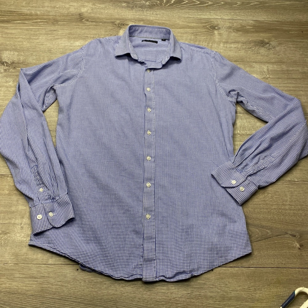 American Tall Button Down Mens M Tall Blue Gingham Gingham Stretch Dress Shirt